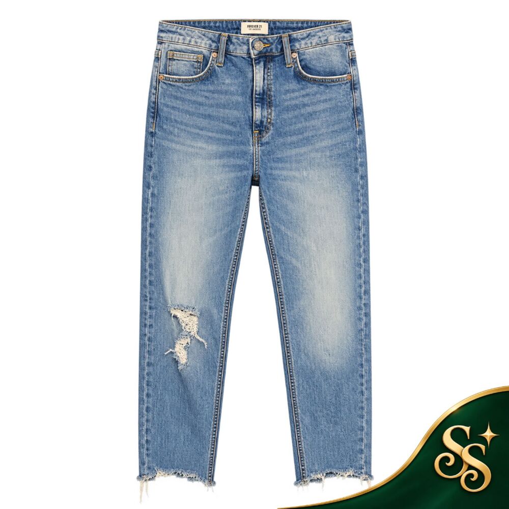 Jeans Forever 21 Blue Distressed Straight Leg Frayed Hem Women's Size 31